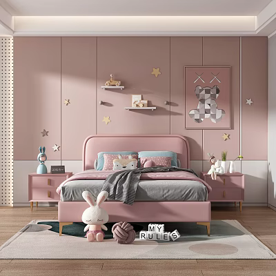 Cozy Kids Room Interior With Pink Walls Star Decorations And Rabbit Plush Toy 3d model