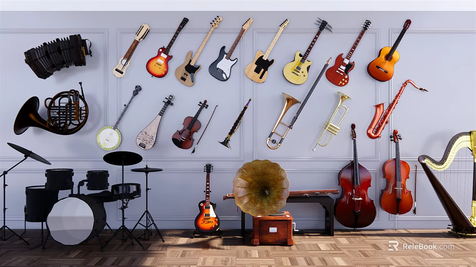 Assorted Musical Instruments Display With Guitars Violins Trumpets Drums Cellos And Gramophones 3d model 