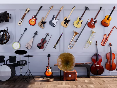 Assorted Musical Instruments Display With Guitars Violins Trumpets Drums Cellos And Gramophones 3d model