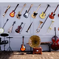 Assorted Musical Instruments Display With Guitars Violins Trumpets Drums Cellos And Gramophones