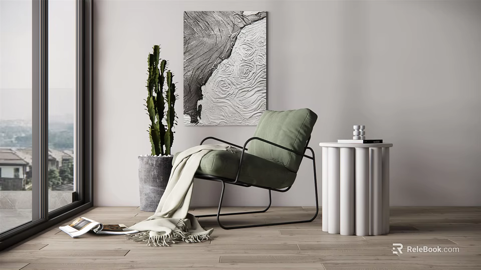 Green Single Sofa with Throw Blanket Cactus Plant Wall Art and Side Table 3d model 