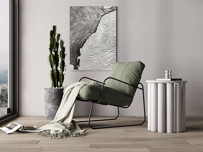 Green Single Sofa with Throw Blanket Cactus Plant Wall Art and Side Table 3d model