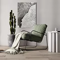 Green Single Sofa with Throw Blanket Cactus Plant Wall Art and Side Table 3d model