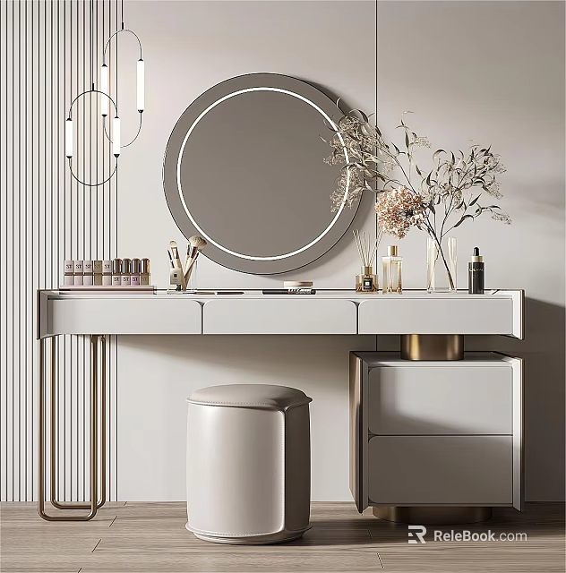 Elegant Modern Dressing Table Interior Design With Round Mirror Cosmetics Vase And Plants 3d model