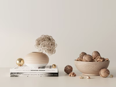 Chic Decorative Ornament Set With Wooden Vase Dried Flowers Nut Bowl Gold Balls And Books 3d model