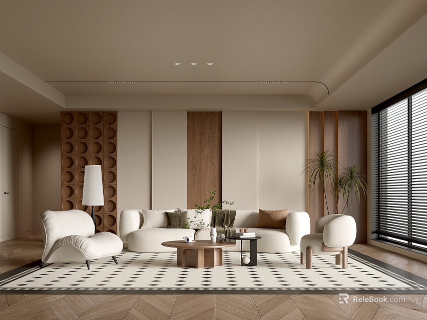 Modern Living Room Interior Design With Beige Sofa Wooden Accent Wall And Geometric Rug 3d model 