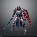 Armored Warrior Character Standing With Blue Sword And Red Shield