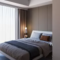 Modern Minimalist Bedroom Interior With Gray Bed Table Lamp Nightstand And White Curtains