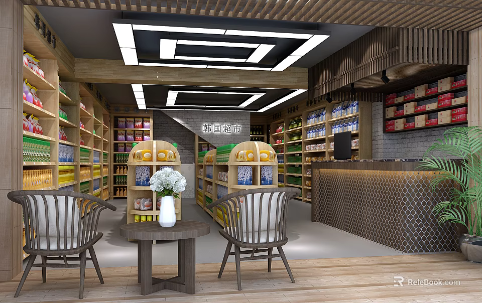 Modern Supermarket Department Store Interior With Shelves Various Goods Checkout Counter And Seating Area 3d model 