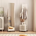 Wooden Coat Rack With Hanging Coat Brown Bag Rattan Base And Teddy Bear Indoor