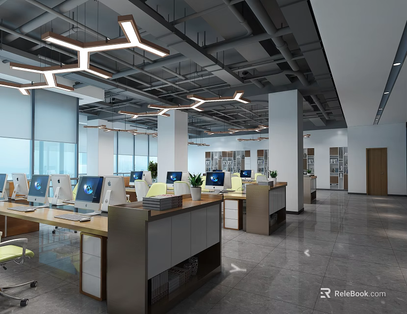 Modern Public Office Space Interior With Open Layout Workstations And Hanging Lights And Green Plants 3d model 