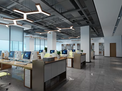 Modern Public Office Space Interior With Open Layout Workstations And Hanging Lights And Green Plants 3d model