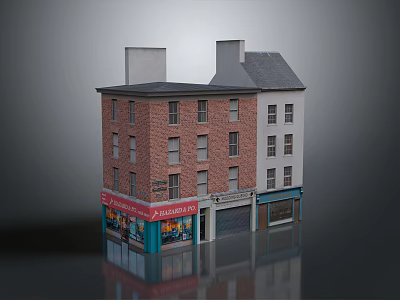 Two Story Commercial Building With Red Brick White Wall Ground Floor Storefronts Windows 3d model