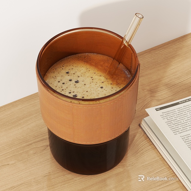 Dark Coffee Cup With Brown Leather Sleeve Foamy Coffee And Glass Straw On Wooden Table 3d model 