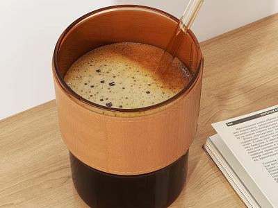 Dark Coffee Cup With Brown Leather Sleeve Foamy Coffee And Glass Straw On Wooden Table 3d model