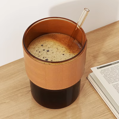 Dark Coffee Cup With Brown Leather Sleeve Foamy Coffee And Glass Straw On Wooden Table 3d model