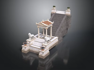Classical Stone Pavilion Architecture With Red Tile Roof Lion Statues And Decorative Plants 3d model