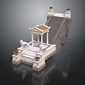 Classical Stone Pavilion Architecture With Red Tile Roof Lion Statues And Decorative Plants