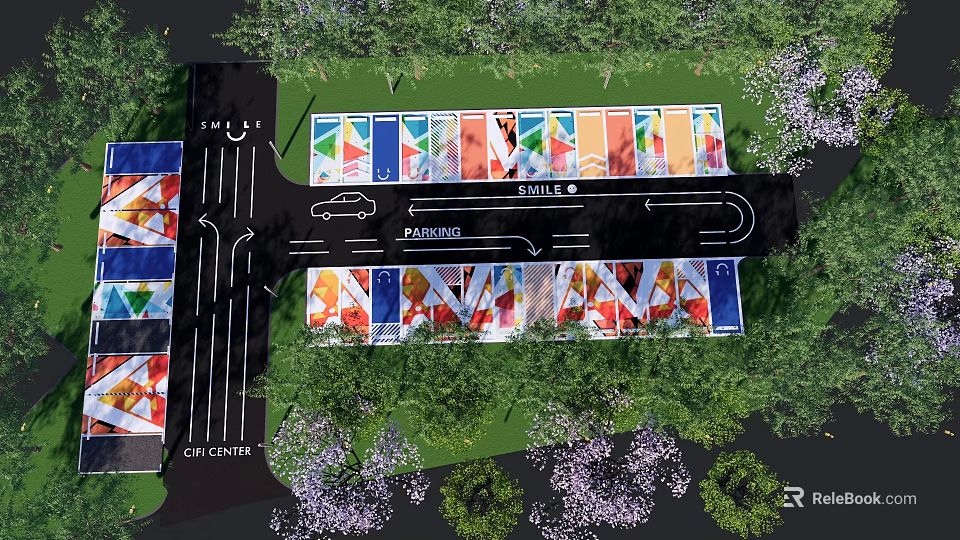 Lush Garden Landscape With Parking Area Drive Path And Colorful Decorative Elements 3d model 