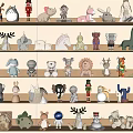 Ornamental Figurine Collection Featuring Diverse Animal and Character Designs Neatly Displayed on Multi Layered Shelves