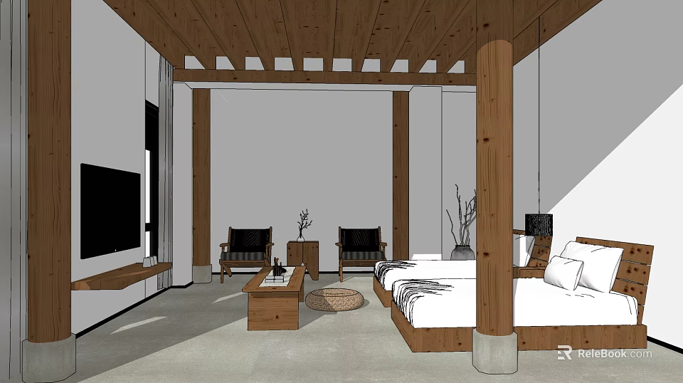 Hotel Guest Room Featuring Wooden Ceiling Pillars Flat Screen TV Black Armchairs and King Bed 3d model 