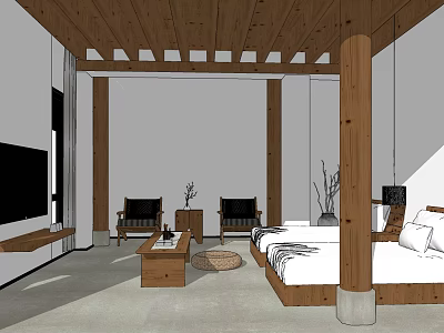 Hotel Guest Room Featuring Wooden Ceiling Pillars Flat Screen TV Black Armchairs and King Bed 3d model