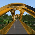 Golden Arched Bridge Design in Scenic Park with Greenery and Water