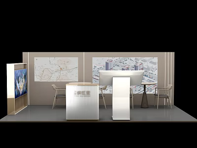 Modern Exhibition Booth Setup With Display Boards Tables And Digital Screen 3d model