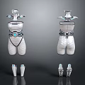 Futuristic White Fashion Outfit With Silver Shoulder Design Blue Waist Accents And Matching Boots