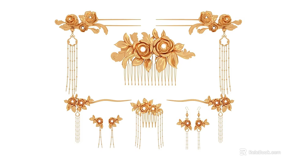 Exquisite Golden Floral Jewelry Set with Hairpins Comb Earrings and Tassel Details 3d model 