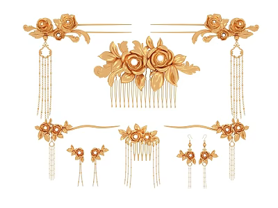Exquisite Golden Floral Jewelry Set with Hairpins Comb Earrings and Tassel Details 3d model