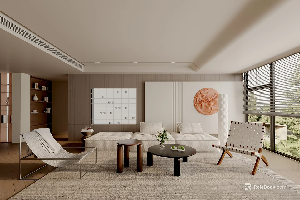 Modern Living Room Interior With Sofa Coffee Table Decorative Painting Chairs And Bookshelf 3d model 