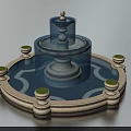 Garden Ornament Multi Tiered Fountain With Circular Basin And Green Topped Stone Pillars