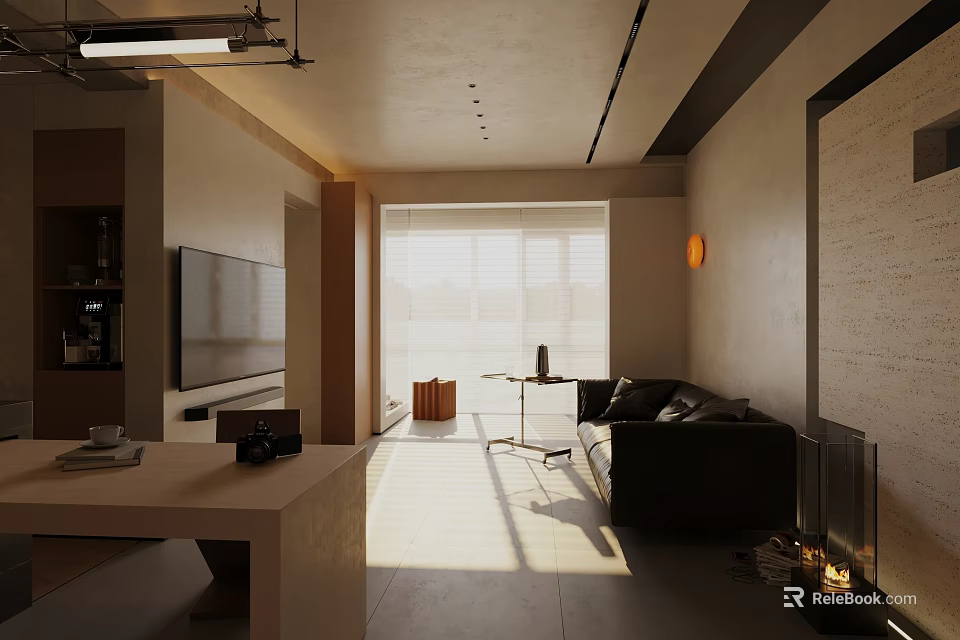 Modern Living and Dining Room Interior With Open Layout Sofa TV And Natural Light 3d model 