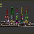 Cartoon Scene Featuring Different Futuristic Towers On Platform With Green Areas And Metallic Details