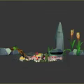 Cartoon Style Pond Scene With Water Lilies Fish Decorative Stones And Green Plants