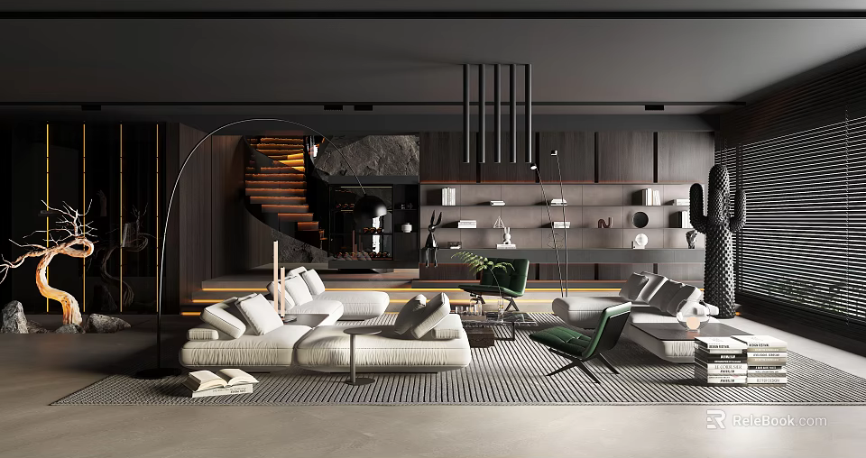 Contemporary Living Room Interior With White Sofa Green Chairs Arched Floor Lamp And Decor Shelves 3d model 