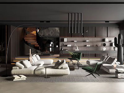 Contemporary Living Room Interior With White Sofa Green Chairs Arched Floor Lamp And Decor Shelves 3d model