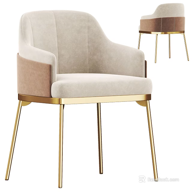 Modern Beige Upholstered Leisure Chair With Golden Metal Legs And Armrests 3d model 