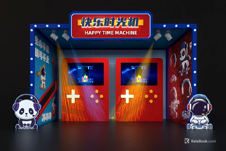 Happy Time Machine Game Setup Featuring Red Doors Buttons And Cartoon Figures 3d model 