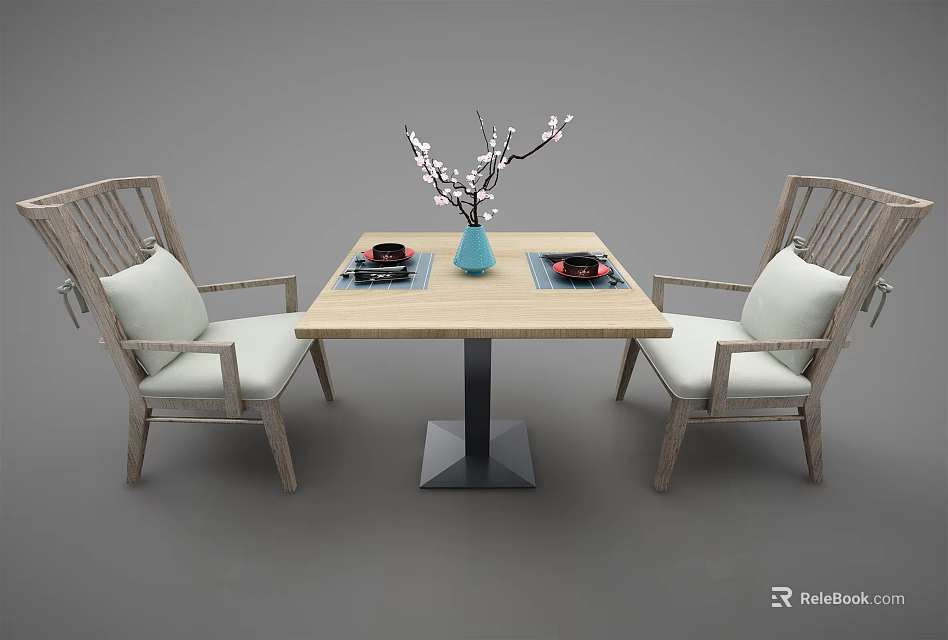 Dining Table Set With Wooden Chairs Woven Backrest Light Cushions Blue Vase And Black Plates 3d model 