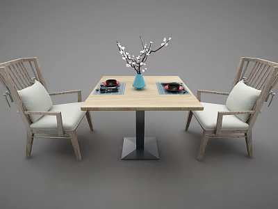 Dining Table Set With Wooden Chairs Woven Backrest Light Cushions Blue Vase And Black Plates 3d model