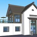 White Exterior Detached Villa With Dark Roof Large Glass Windows Balcony And Stone Lion Decorations
