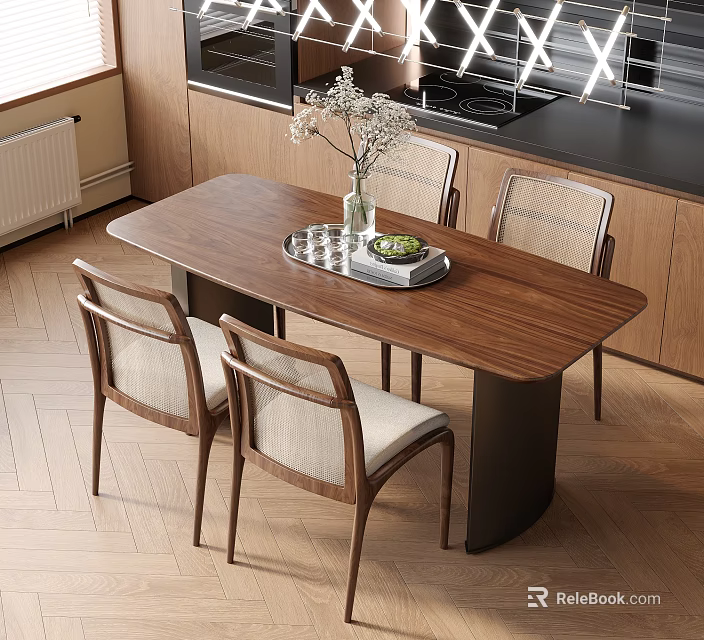 Modern Kitchen Interior With Wooden Dining Table And Chairs Tray Green Plant Fruits 3d model 
