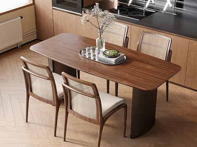 Modern Kitchen Interior With Wooden Dining Table And Chairs Tray Green Plant Fruits 3d model