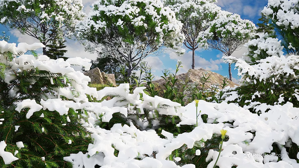 Snow Covered Garden Landscape With Snowy Trees Rocks And Blue Sky Background 3d model 