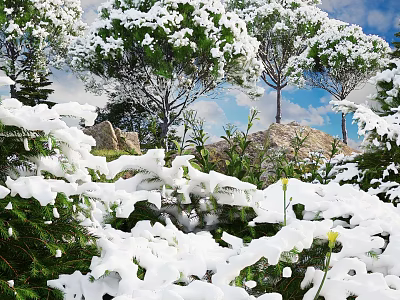Snow Covered Garden Landscape With Snowy Trees Rocks And Blue Sky Background 3d model