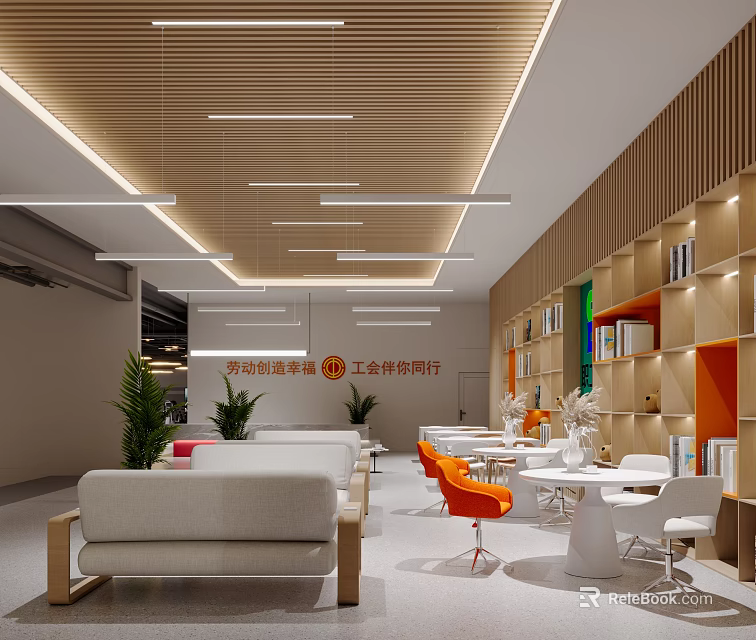 Modern Break Room Interior Design With Wooden Ceiling Lighting Sofas And Tables 3d model