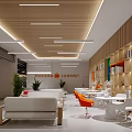 Modern Break Room Interior Design With Wooden Ceiling Lighting Sofas And Tables 3d model