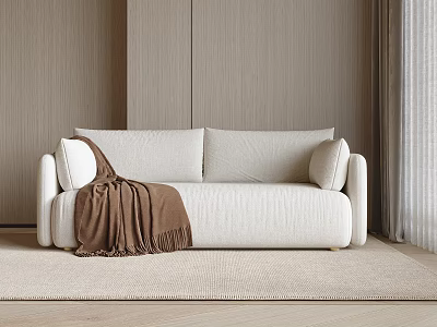 White Two Seater Sofa With Brown Blanket Wooden Wall Curtains And Carpet 3d model